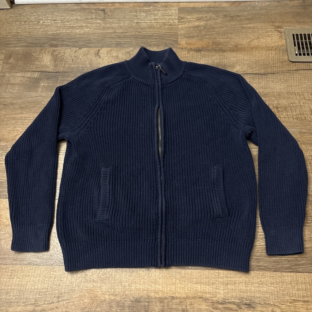 LL BEAN MENS CARDIGAN SIZE M FULL ZIP 100% COTTON BLUE POCKETED SWEATER HEAVY